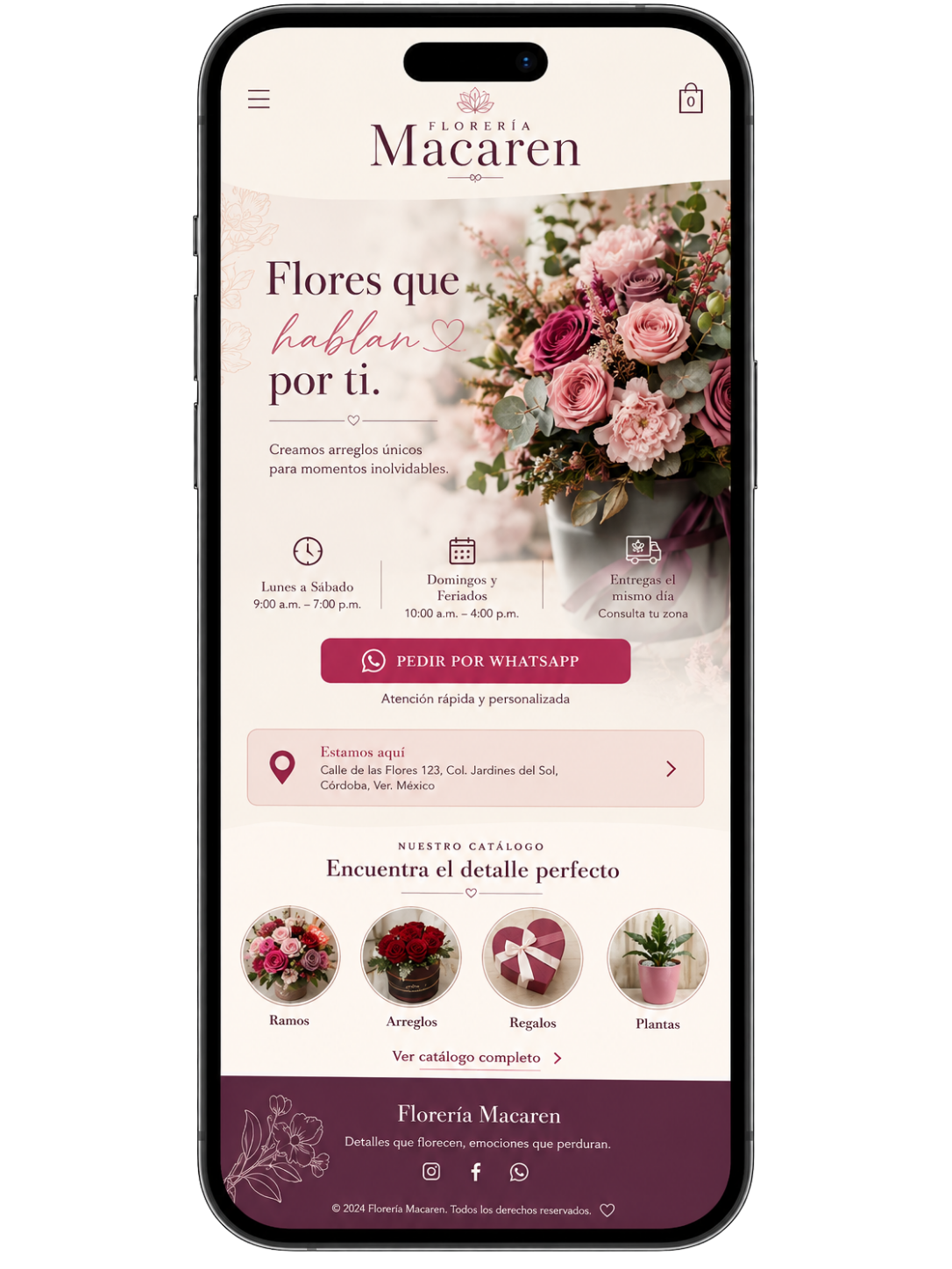 Página móvil de Florería Macaren creada con Lugaria