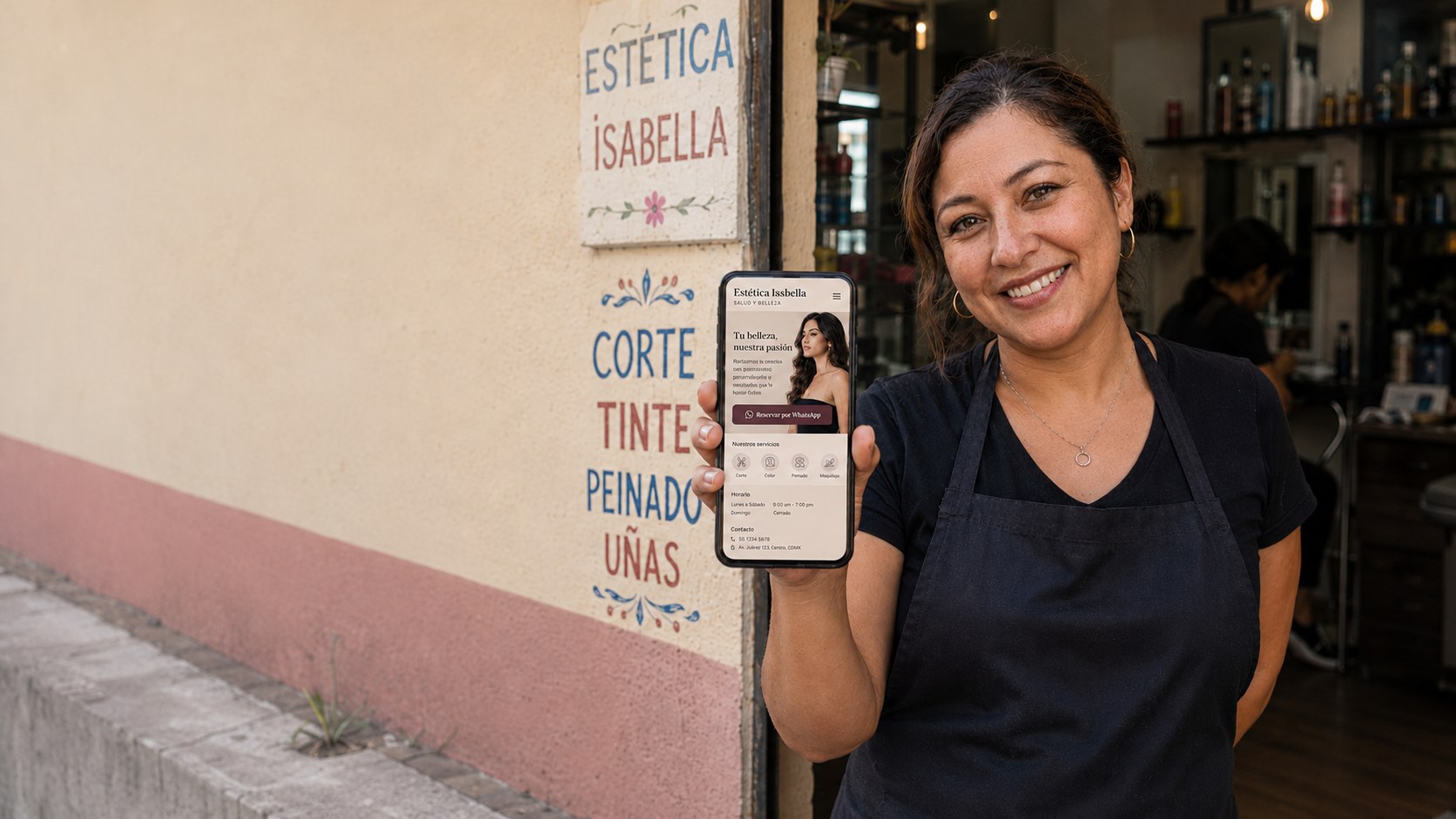 Dueña de estética mostrando su página web Lugaria en celular